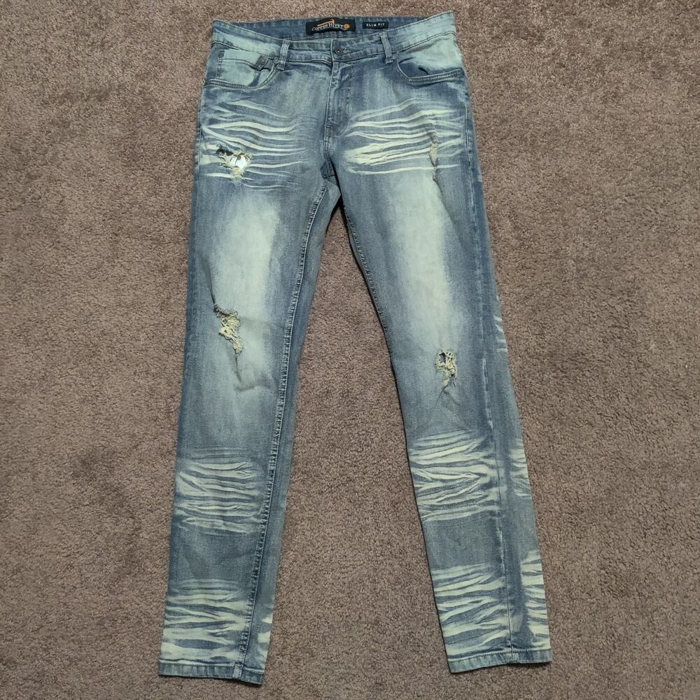 Copper Rivet Slim Fit Distressed Light Blue Denim Jeans Mens Size 34‎ x 33 Pants